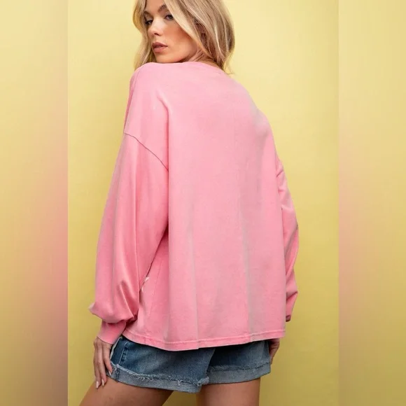 Easel PLUS Pink Long Sleeve 100% Cotton Mineral Wash Printed Star Top - Picture 2 of 3
